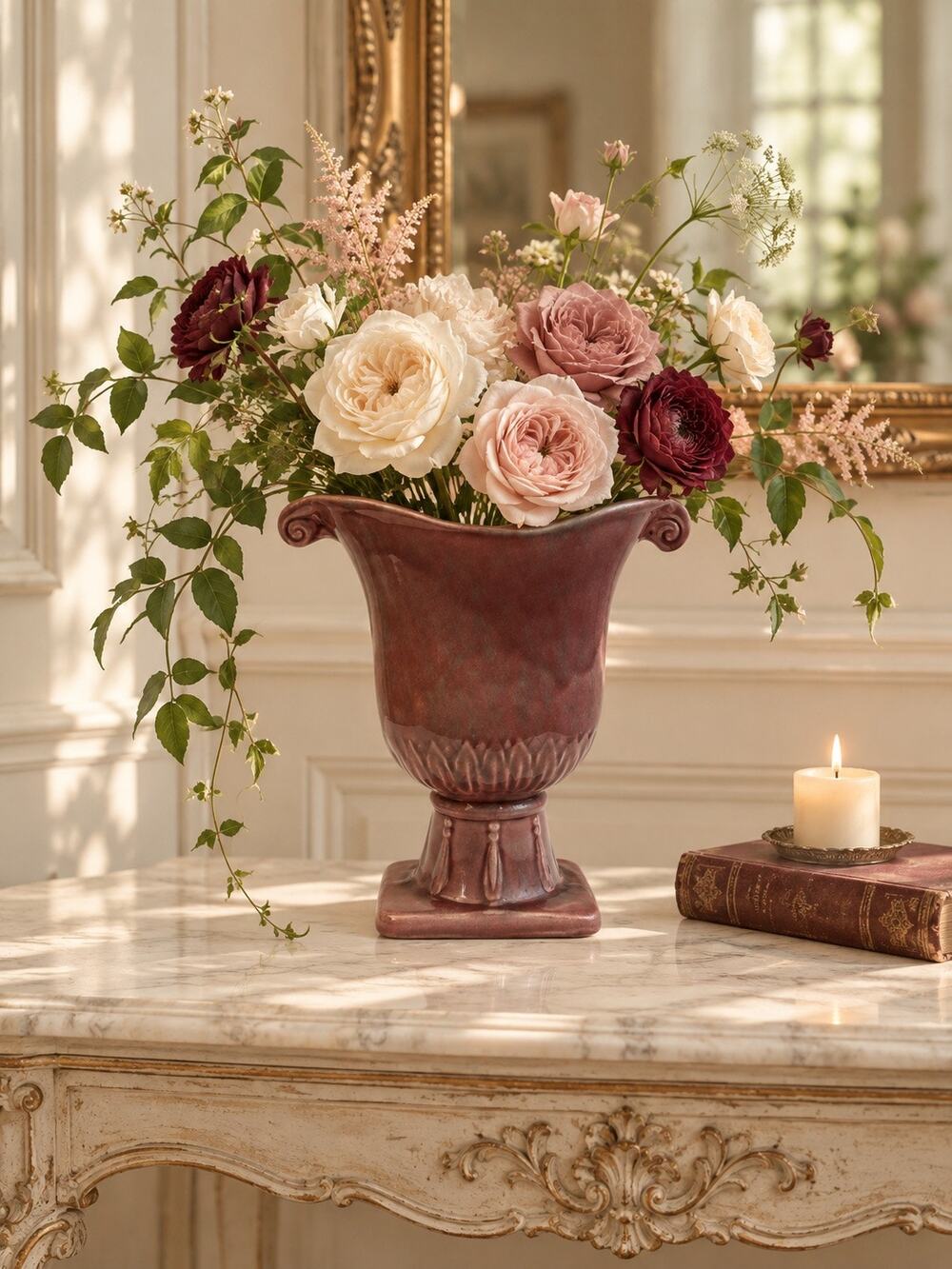 Vintage Artista Potteries 3531 Glossy Burgundy Trophy Urn Vase Scroll Handles